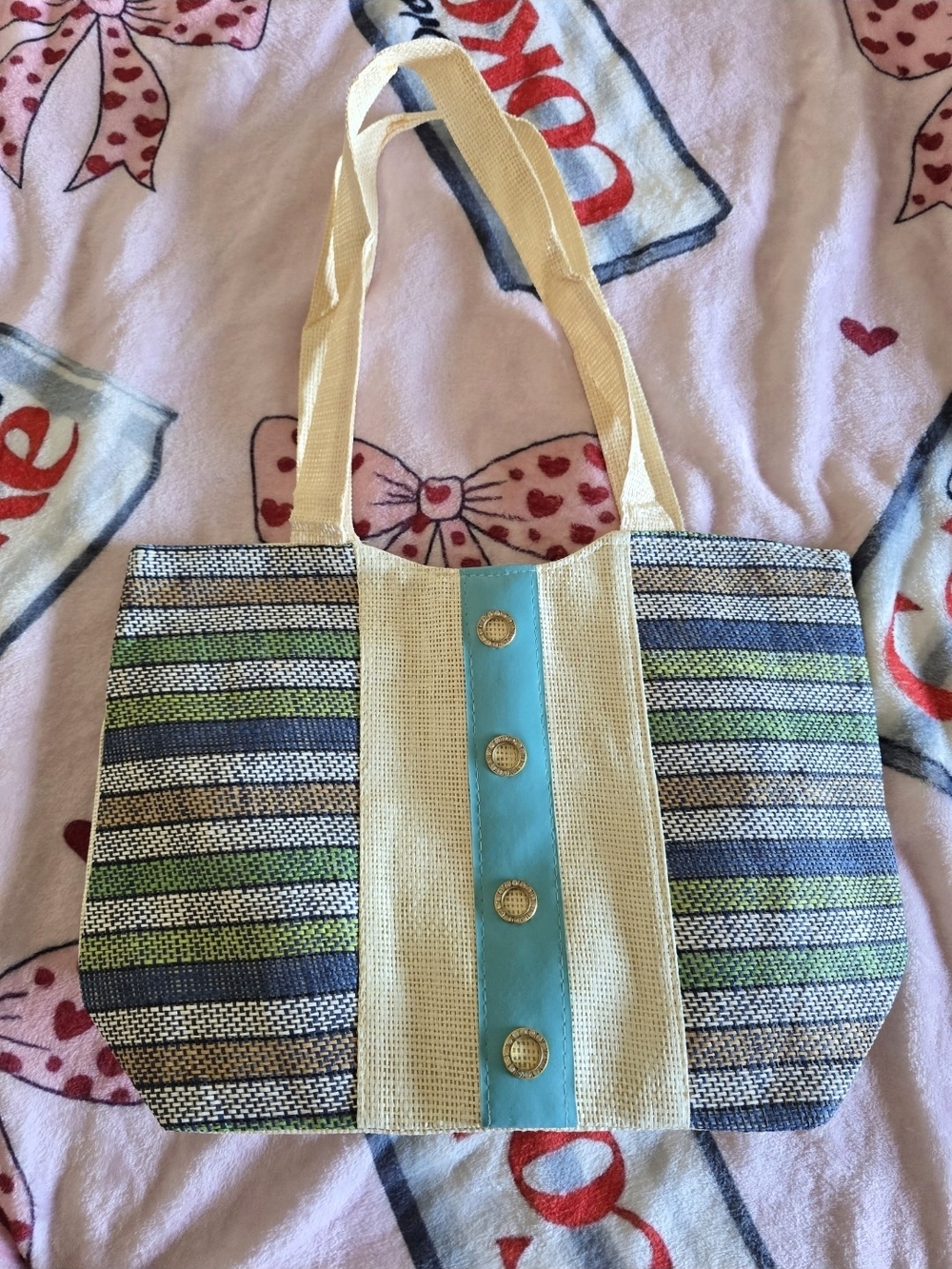 Cream Tote Bag with Blue Trim and Green-Blue Stripes